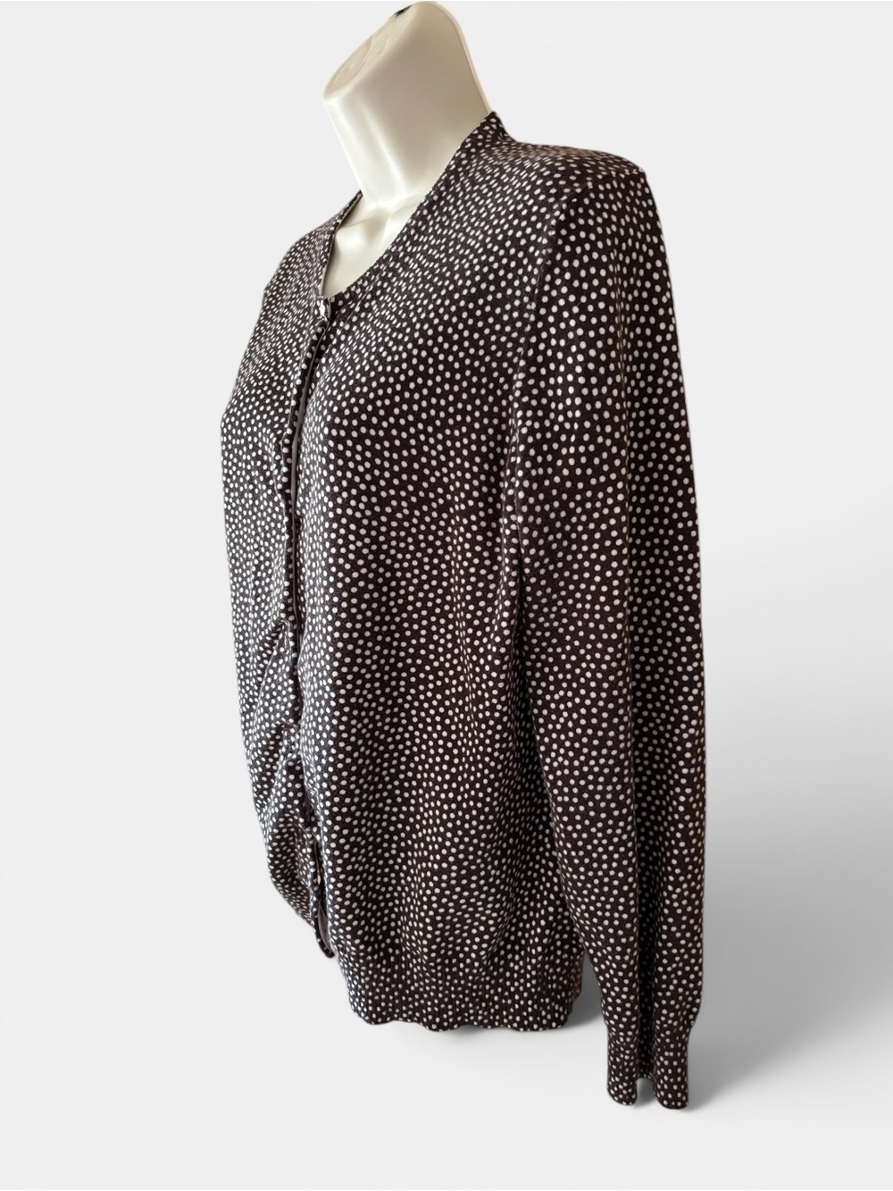 Lands’ End Lightweight Brown White Mini Dot Button Down Knit Cardigan Sweater LP